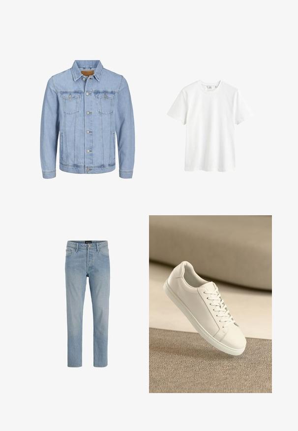 Lys blå denimjakke med krave, knaplukning, to brystlommer, sidelommer og stikninger langs sømmene.; Hvid bomulds t-shirt med rund hals, korte ærmer og en afslappet pasform. Glat tekstur uden synlige mønstre eller detaljer.; Lysblå denim jeans med lige snit, fem-lommers design, knaplukning og en let slidt finish.; Hvide lædersneakers med hvide snørebånd, præsenteret på en beige tekstureret overflade og med en blødt uskarp baggrund.