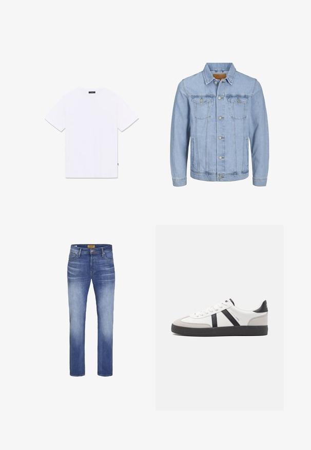 Chaqueta de mezclilla azul clara con cuello, cierre de botones, dos bolsillos en el pecho, bolsillos laterales y detalles cosidos a lo largo de las costuras.; Camiseta blanca de manga corta con cuello redondo, mostrada plana desde atrás, con una pequeña etiqueta negra en el cuello y la costura lateral.; Jeans slim-fit azules desgastados con botón delantero y cremallera, estilo de cinco bolsillos y etiqueta de marca visible en la cinturilla.; Zapatilla blanca con acentos en negro y gris, que presenta una puntera texturizada en gris, suela de goma negra y cordones planos blancos. Diseño limpio, estilo minimalista.