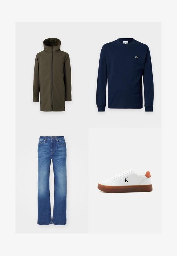 Samsøe Samsøe CLAUS JACKET - Veste imperméable - forest night; T-shirt à manches longues bleu marine en coton, avec un col rond et un petit logo de crocodile vert sur la poitrine gauche.; Jean en denim bleu avec une coupe droite, présentant un lavage décoloré, cinq poches, et une fermeture à bouton et zip à la taille.; Baskets basses blanches avec semelle marron, languette orange au talon, lacets et logo "cK" sur le côté.