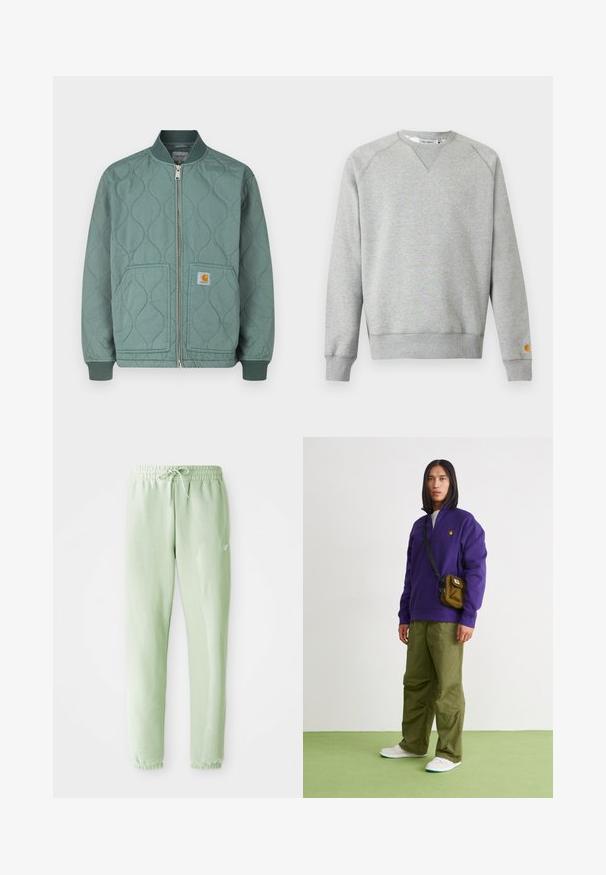Gewatteerde bomberjack in gedempt groen, met een ritssluiting aan de voorkant, geribbelde manchetten en twee voorzakken met een logopatch.; Lichtgrijze crewneck sweater met lange mouwen, geribde manchetten en zoom, en een klein logoplaatje op de linkermouwmanchet.; Lichtgroene sweatpants van zachte katoen, met een elastische tailleband met trekkoord en taps toelopende benen, afgewerkt met gathered boorden.; Jordan AIR JORDAN 1 ZM CMFT 2 - Sneakers hoog - summit white/bicoastal/oxidized green
