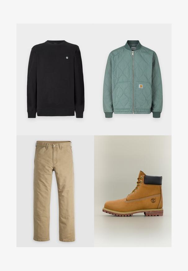 Gewatteerde bomberjack in gedempt groen, met een ritssluiting aan de voorkant, geribbelde manchetten en twee voorzakken met een logopatch.; Zwarte longsleeve sweatshirt met ronde hals en lange mouwen, voorzien van een klein wit rond logo op de linkerborst, ribgebreide boorden en onderrand.; Kaki katoenen broek met een rechte pijp, voorzakken en een knoopsluiting. Glad textuur en verstevigde naden voor duurzaamheid.; Bruine leren enkellaars met zwarte kraag, gele veters en een zandkleurige zool. Voorzien van een logo en witte stikseldetails. Robuuste loopzool met grip.