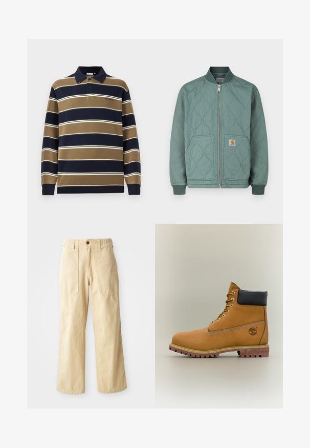 Blouson aviateur matelassé de couleur verte douce, avec fermeture éclair sur le devant, poignets en maille côtelée et deux poches avant avec écusson logo.; Polo à manches longues avec des rayures verticales bleu marine, beige et blanches ; comprend un col, une patte de boutonnage à trois boutons et un logo brodé sur la poitrine.; Pantalons larges beige en coton. Présentent une taille haute, deux poches avant au design plat et une fermeture par un seul bouton.; Bottine en cuir marron avec col noir, lacets jaunes et semelle beige. Présente un logo et des détails de couture blanche. Semelle extérieure à traction robuste.
