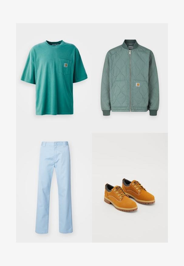 Quiltet bomberjakke i afdæmpet grøn med lynlås foran, ribstrikkede manchetter og to forlommer med en logopatch.; Grøn bomulds t-shirt med rund hals, korte ærmer og en frontlomme med et logopatch. Blød tekstur og afslappet pasform.; Lyseblå lige bukser lavet af en blanding af bomuldsstof. Har en flad frontlinning, sidelommer og ingen synlige mønstre eller udsmykninger.; Brune ruskindssko med rund tå, gule snørebånd, en polstret sort krave og gummisåler med skridsikre riller.