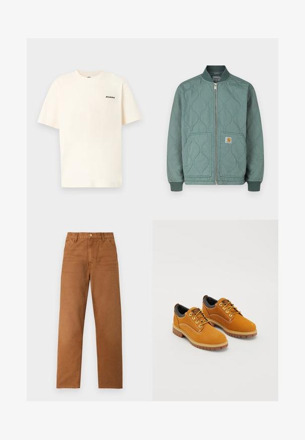 Blouson aviateur matelassé de couleur verte douce, avec fermeture éclair sur le devant, poignets en maille côtelée et deux poches avant avec écusson logo.; T-shirt en coton de couleur crème avec manches courtes, arborant un petit logo noir "Dickies" sur le côté gauche de la poitrine. Coupe simple et décontractée.; Pantalon marron à jambes droites avec passants de ceinture, poches avant et fermeture à bouton, présenté sur un fond clair uni.; Chaussures en daim marron avec un bout rond, des lacets jaunes, un col rembourré noir et des semelles en caoutchouc avec des rainures de traction.