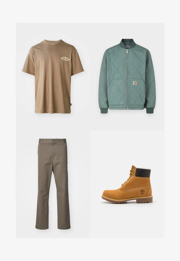 Quiltet bomberjakke i afdæmpet grøn med lynlås foran, ribstrikkede manchetter og to forlommer med en logopatch.; Brun bomulds T-shirt med rund hals, korte ærmer og et hvidt logo med teksten "Dickies Workwear" på venstre brystområde.; Brune lige bukser med bæltestropper, frontlynlås og uden synlige lommer, præsenteret på en hvid baggrund.; Brune læder ankelstøvle med metaløjer, hvid pelsforing, sort polstret krave, robust sål og præget logo på siden.