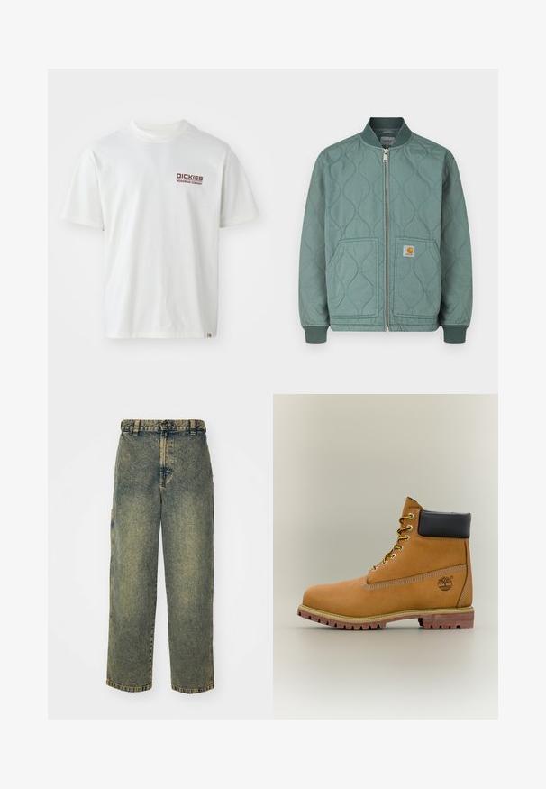 Chaqueta bomber acolchada en verde apagado, con cierre frontal de cremallera, puños acanalados y dos bolsillos delanteros con parche de logo.; Camiseta de algodón blanca con mangas cortas, escote redondo y un logo rojo en el área del pecho izquierdo. Diseño liso sin patrones.; Jeans de denim holgados en un lavado azul y verde descolorido. Presenta un cierre de botón, pasadores para el cinturón y bolsillos laterales. Diseño de frente plano y pierna recta.; Bota de tobillo de cuero marrón con cuello negro, cordones amarillos y suela beige. Presenta un logotipo y detalles de costura blanca. Suela exterior con tracción robusta.