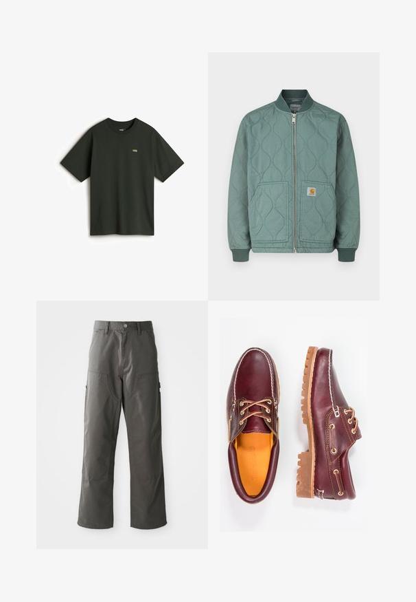 Chaqueta bomber acolchada en verde apagado, con cierre frontal de cremallera, puños acanalados y dos bolsillos delanteros con parche de logo.; Vans Camiseta básica - dark green; Pantalones cargo grises con un diseño de pierna recta, que cuentan con dos bolsillos frontales y bolsillos laterales adicionales para almacenamiento. Fabricados con un tejido duradero.; Zapatos de cuero burdeos con suelas de goma marrón, puntera redonda, costuras blancas y ojales dorados. El interior cuenta con un forro amarillo.