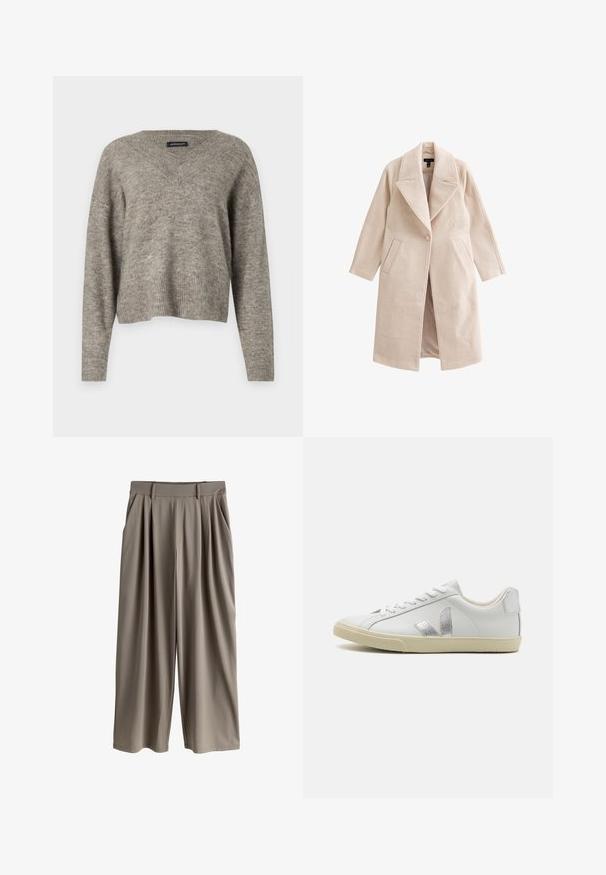 Abrigo largo de mezcla de lana beige con solapas anchas, cierre de un solo botón, bolsillos frontales inclinados y silueta recta.; Suéter de manga larga en punto gris claro con escote en V y dobladillo acanalado. Textura ligera, diseño ligeramente recortado y ajuste relajado.; Pantalones beige de pierna ancha con pliegues, trabillas para cinturón y bolsillos laterales, diseñados para un corte relajado.; Zapatillas blancas Veja con un logo plateado texturizado, cordones planos y una suela de goma beige, con un upper de cuero suave y un diseño de perfil bajo.