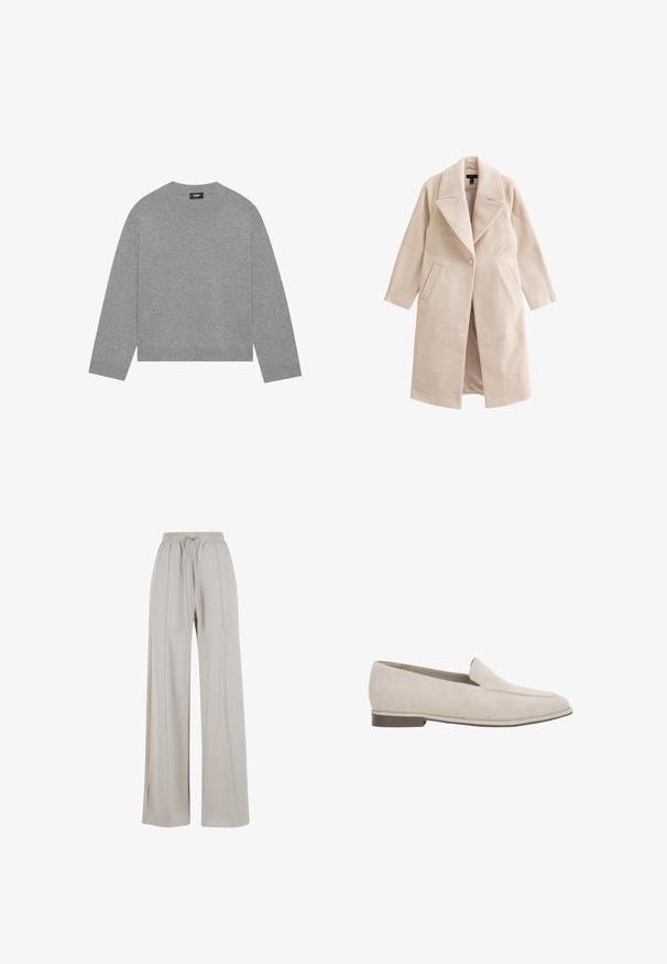 Manteau long en mélange de laine beige avec grands revers, fermeture à un bouton, poches avant à angle et silhouette droite.; Pull en maille gris avec des manches longues, un col rond et un ourlet côtelé. Fabriqué en matériau doux, il présente un design minimaliste sans motifs.; Pantalons larges beige clair en tissu doux, avec une taille à cordon de serrage et de subtiles fentes latérales pour un détail de design supplémentaire.; Mocassin beige en daim, à enfiler, avec un petit talon, un bout pointu et peu de surpiqûres sur le dessus.