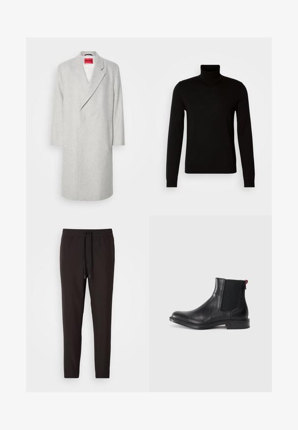 Grå uldblandingsfrakke med spidse klapkraver, lange ærmer og enkeltknapslukning. Har en klaplomme og et lyst rødt mærke indeni.; Sort turtleneck sweater lavet af et fint strikket stof, der har lange ærmer og en tætsiddende silhuet. Glat tekstur med ribbede manchetter.; Sorte joggingbukser lavet af blødt stof, med en elastisk bæltelås og snor, tætsiddende ben og uden synlige mønstre eller udsmykninger.; Sort læder Chelsea-støvle med elastiske sidepaneler, afrundet tå og lav, stablet hæl. Har en rød løftestrop og subtil branding på siden.