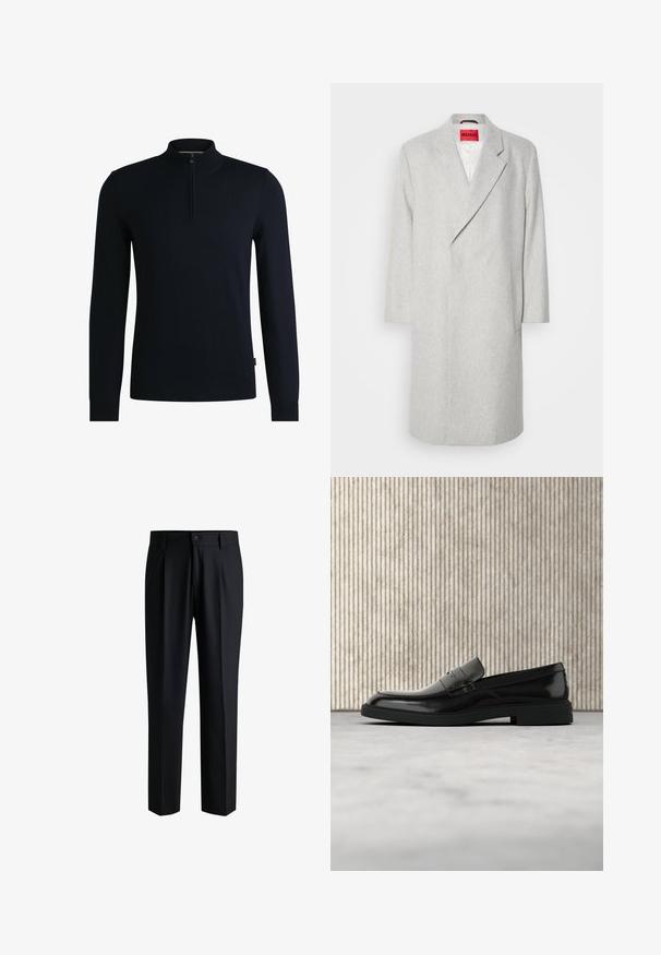 Grå uldblandingsfrakke med spidse klapkraver, lange ærmer og enkeltknapslukning. Har en klaplomme og et lyst rødt mærke indeni.; Mørk navy pullover trøje med høj krave og halv lynlås lukning. Fremstillet af glat strikstof med ribbede manchetter og kant. Simpelt design.; Sorte bukser lavet af glat stof, med lige ben-design, plisseringer foran og knaplukning med bæltestropper.; Sort poleret læderloafer flydende over beige tæppe med orange gennemsigtigt møbel i baggrunden.