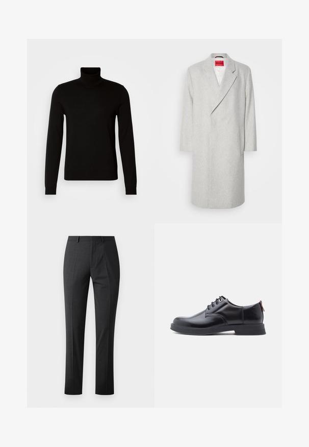 Grå uldblandingsfrakke med spidse klapkraver, lange ærmer og enkeltknapslukning. Har en klaplomme og et lyst rødt mærke indeni.; Sort turtleneck sweater lavet af et fint strikket stof, der har lange ærmer og en tætsiddende silhuet. Glat tekstur med ribbede manchetter.; Skræddersyede mørkegrå bukser med en glat tekstur, slim fit, flad front og standard talje. Har pressede folder og ingen synlige mønstre.; Sorte snørestøvler i læder med glat tekstur, rundet tå og diskrete syningsdetaljer. Har en rød trækflig på hælen.