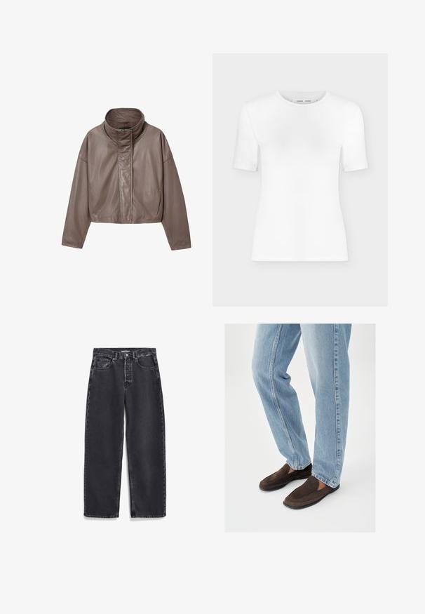 Braune, kurz geschnittene Lederjacke mit hohem Kragen und geradem Frontverschluss. Verfügt über weite, lockere Ärmel und eine glatte, glänzende Textur.; Weißes T-Shirt mit kurzen Ärmeln und Rundhalsausschnitt, schlanker Passform und gerippter Stoffstruktur, dargestellt vor einem schlichten hellgrauen Hintergrund.; Schwarze Jeans aus Denim mit geradem Bein, ausgestattet mit Fronttaschen, einem Knopfleistenverschluss und subtilen Verfärbungen im Stoff.; Braune Mokassins aus Wildleder mit glatter Textur, abgerundeter Zehenpartie und minimaler Nahtführung, kombiniert mit hellblauen Jeans aus Denim.