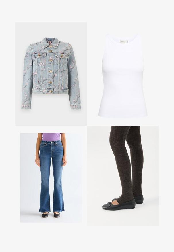 Veste en denim bleu clair avec imprimé de branche florale rose, fermeture à boutons sur le devant, deux poches poitrine avec rabat et manches longues.; Débardeur blanc côtelé avec un col rond et sans manches. Tissu extensible et design ajusté. Étiquette au dos indiquant "GESTUZ."; Femme portant un jean bootcut bleu taille haute, des ballerines noires et un t-shirt violet à manches courtes, debout devant un fond clair uni.; Jambes portant des leggings côtelés foncés associés à des ballerines noires avec de petits détails en nœud sur fond blanc.