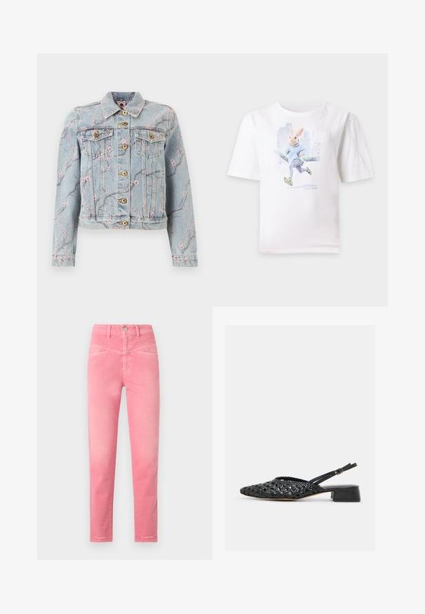 Veste en denim bleu clair avec imprimé de branche florale rose, fermeture à boutons sur le devant, deux poches poitrine avec rabat et manches longues.; T-shirt blanc avec un dessin représentant un lapin courant portant un sweat à capuche bleu, des leggings à motifs et des baskets vertes, avec un paysage urbain en arrière-plan.; Jean slim taille haute en rose vif avec poches avant, passants pour ceinture et fermeture par bouton métallique.; Chaussure slingback en cuir tressé noir avec talon bas carré et bride réglable à boucle, vue de côté sur fond blanc.
