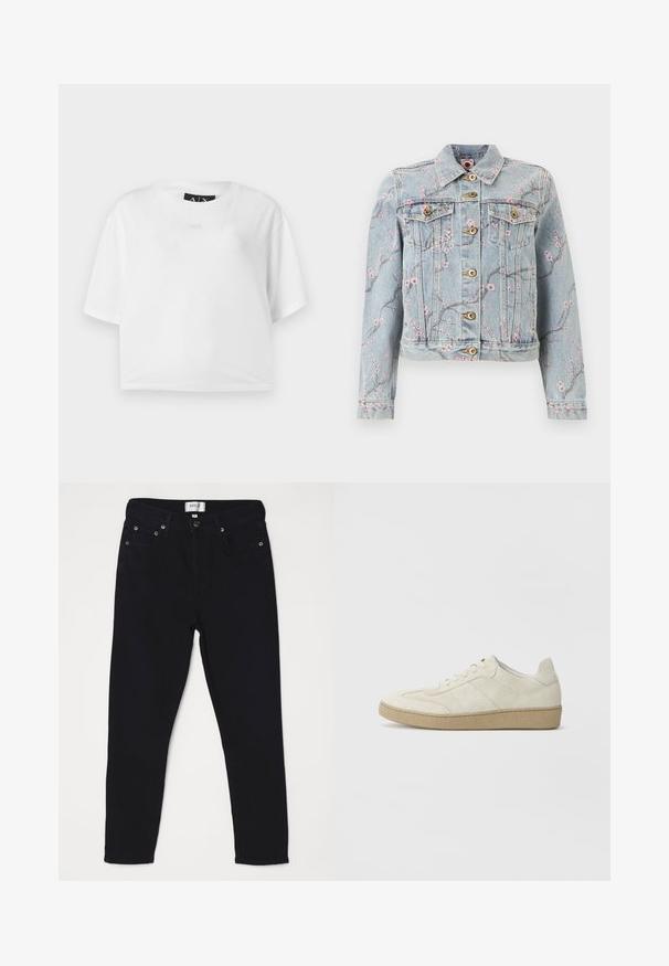 Veste en denim bleu clair avec imprimé de branche florale rose, fermeture à boutons sur le devant, deux poches poitrine avec rabat et manches longues.; T-shirt blanc court en coton, avec un col rond et des manches courtes. Logo subtilement en relief sur le devant. Texture lisse.; Jean skinny en denim noir avec un design classique à cinq poches, fermeture éclair, éléments en métal et texture lisse.; Baskets en daim beige avec un design texturé, semelle en caoutchouc plate et couture latérale distincte. Bout arrondi et col rembourré.
