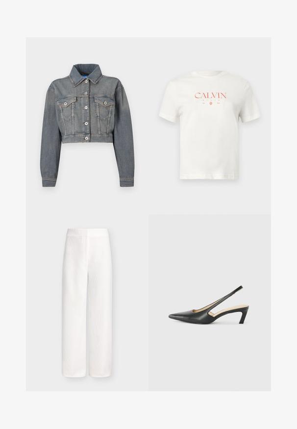 Veste en denim raccourcie de couleur bleu clair avec un col classique, des manches longues, des poches avant et des fermetures à boutons avec une quincaillerie de ton argenté.; T-shirt en coton blanc avec un logo « CALVIN KLEIN » rouge centré, date de création, manches courtes et un col rond classique.; Pantalon blanc taille haute à jambes larges avec fermeture frontale dissimulée et texture de tissu lisse et léger.; Slingback noir à bout pointu avec un petit talon, en cuir lisse et doté d'un design découpé sur le côté pour plus de respirabilité.