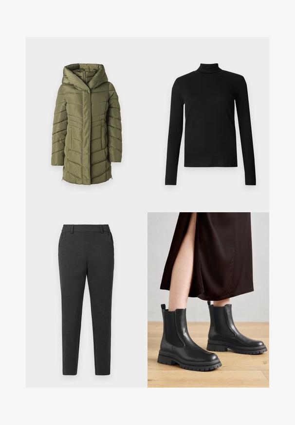 Doudoune verte olive avec capuche, présentant un design matelassé, une fermeture éclair frontale et des poches latérales. Texture lisse dans l'ensemble.; Chemise à col roulé noir à manches longues, en tissu doux, présentant un design ajusté et une texture lisse. Sans motifs ni accessoires visibles.; Pantalons slim gris foncé avec passants de ceinture, poches latérales et une coupe fuselée, sur un fond uni clair.; Bottines en cuir noir avec panneaux latéraux élastiques, semelles en caoutchouc épaisses et languettes de tirage au talon ; portées avec une robe midi marron foncé.