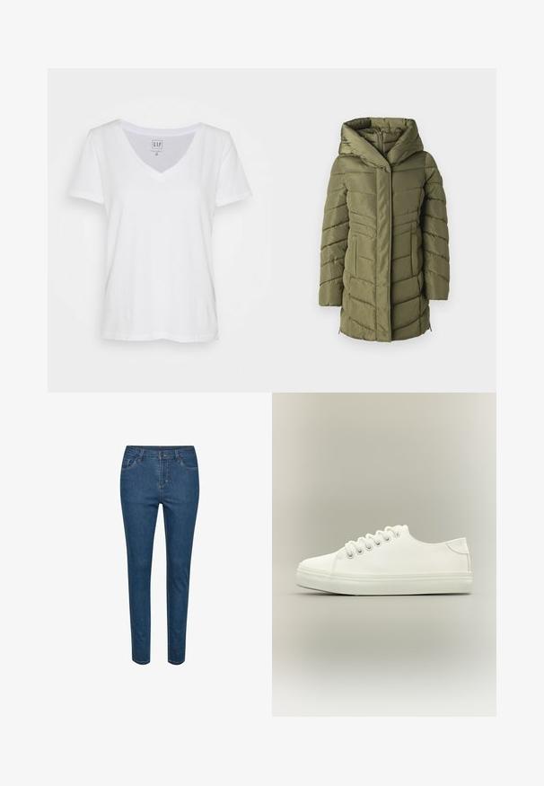 Doudoune verte olive avec capuche, présentant un design matelassé, une fermeture éclair frontale et des poches latérales. Texture lisse dans l'ensemble.; T-shirt en coton blanc à col en V, à manches courtes, avec une coupe décontractée et une étiquette près de l'encolure. Texture lisse, sans motifs ni accents.; Jean slim bleu en denim avec fermeture avant par bouton et zip, passants pour ceinture, poches avant et arrière.; Baskets basses blanches avec lacets blancs et semelle en caoutchouc, vues de côté sur un fond neutre.