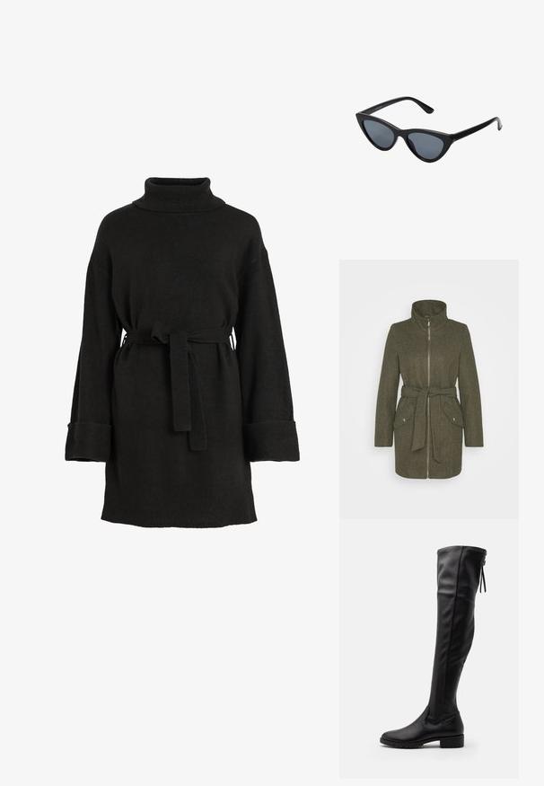 Vero Moda VMPOPALLY ZIP JACKET - Manteau court - peat melange; Robe en tricot noir à col roulé avec une taille ceinturée, épaules tombantes et larges poignets. Texture douce avec une coupe confortable et décontractée.; Bottes noires en cuir montantes avec une texture lisse, bout arrondi et semelle en caoutchouc. Elles présentent un design ajusté et un détail de lien à l'arrière.; Lunettes de soleil noires en forme d'œil de chat avec des verres gris foncé, monture en plastique élégante, coins pointus et branches droites. Pas de métal visible ni d'accents.