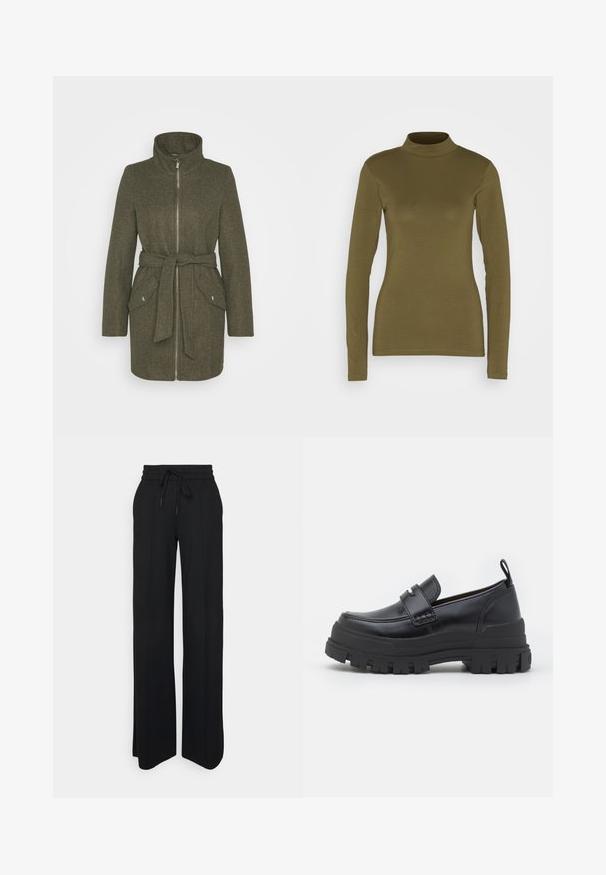 Vero Moda VMPOPALLY ZIP JACKET - Halflange jas - peat melange; JDY Longsleeve - kalamata; Zwarte wijde pijpen broek gemaakt van zachte stof. Heeft een elastische tailleband met trekkoord, strakke lijnen en geen zichtbare patronen of accenten.; Zwarte leren loafer met dikke geribbelde zool, moc-toe stiksels, banddetail bovenaan en een trekband bij de hiel, zijaanzicht getoond.