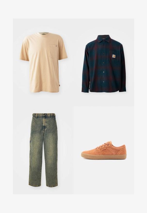 Flanellen shirt in donkergroenblauw met een rood geruit patroon. Voorzien van een knoopsluiting aan de voorkant, een puntige kraag en een borstzak met een logo patch.; Beige katoenen T-shirt met korte mouwen, ronde hals en een linker borstzak. Heeft een klein logo-label op de zak.; Baggy denim jeans in een vervaagde blauwe en groene was. Heeft een knoopsluiting, riemlussen en zijzakken. Vlakke voorkant en rechte pijpen.; Tansuede sneakers met een gestructureerd oppervlak, ronde neus en rubberen zool. Heeft een vetersluiting en gestikte accenten aan de zijkanten.