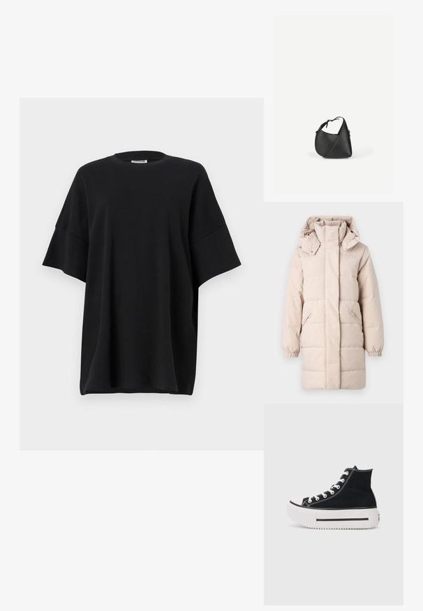 Béžová puff ok jacket s vysokým golierom a odnímateľnou kapucňou. Obsahuje bočné zipsové vrecká a elastické manžety. Hladký povrch, prešívaný dizajn.; Čierne oversized tričko vyrobené z bavlny, s okrúhlym výstrihom a krátkymi, širokými rukávmi, s hladkou textúrou a voľným strihom.; Čierne vysoké tenisky vyrobené z plátna, s bielym šitím, gumenou špičkou, hrubou bielou platformou a čiernym pruhom.; Čierna kožená kabelka cez rameno s zaobleným trojuholníkovým tvarom a nastaviteľným remienkom na svetlom jednoduchom pozadí.