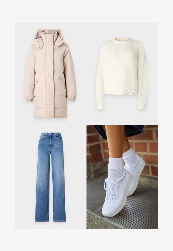 Béžová puff ok jacket s vysokým golierom a odnímateľnou kapucňou. Obsahuje bočné zipsové vrecká a elastické manžety. Hladký povrch, prešívaný dizajn.; Ľahký, pletený krémový sveter s dlhými rukávmi, okrúhlym výstrihom a rebrovaným lemom. Textúrovaná látka s voľným, uvoľneným strihom.; Svetlomodré široké džínsy vyrobené z denimu, s vysokým pásom, prednými vreckami a štandardným zapínaním na gombík. Hladká textúra.; Biele plátené tenisky s gumovou podrážkou, s piatimi dierkami na šnúrky, okrúhlou špičkou a svetlými švami, doplnené o biele členkové ponožky.
