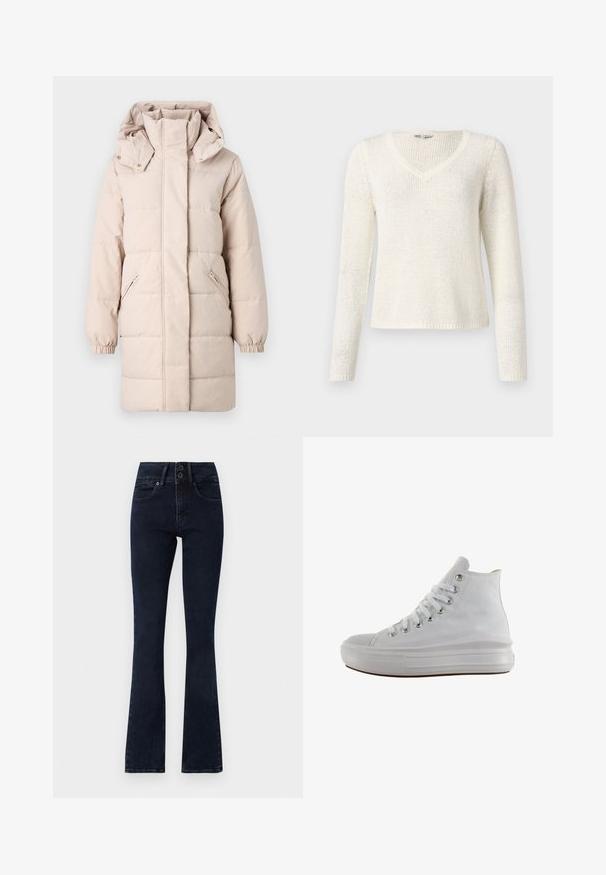 Veste matelassée beige avec un col montant et une capuche amovible. Présente des poches latérales zippées et des poignets élastiqués. Texture lisse, design matelassé.; Pull à col en V, à manches longues, en tricot blanc cassé. Présente une coupe décontractée, un motif texturé et un ourlet simple. Tissu léger.; Jean évasé bleu foncé à taille haute, fermeture à deux boutons, cinq poches et texture denim lisse.; Baskets montantes en toile blanche avec lacets blancs, œillets métalliques, semelle épaisse en caoutchouc et bout texturé, orientées vers la gauche sur fond blanc.