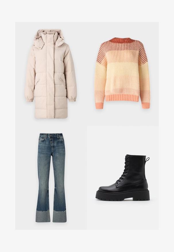 Béžová puff ok jacket s vysokým golierom a odnímateľnou kapucňou. Obsahuje bočné zipsové vrecká a elastické manžety. Hladký povrch, prešívaný dizajn.; Rip Curl SOLEIL - Svetrík - burnt red; Džínsy s rozšírenými nohavicami v strednej modrej farbe s vysokým pásom, piatimi gombíkmi a rozstrapkaným lemom. Obsahujú svetlejší manžet na spodnej časti a vyblednutú textúru.; Čierne kožené členkové topánky s okrúhlou špičkou, šnurovaním vpredu a hrubou gumovou podrážkou s textúrovaným vzorom. Sťahovací pútko na zadnej strane.