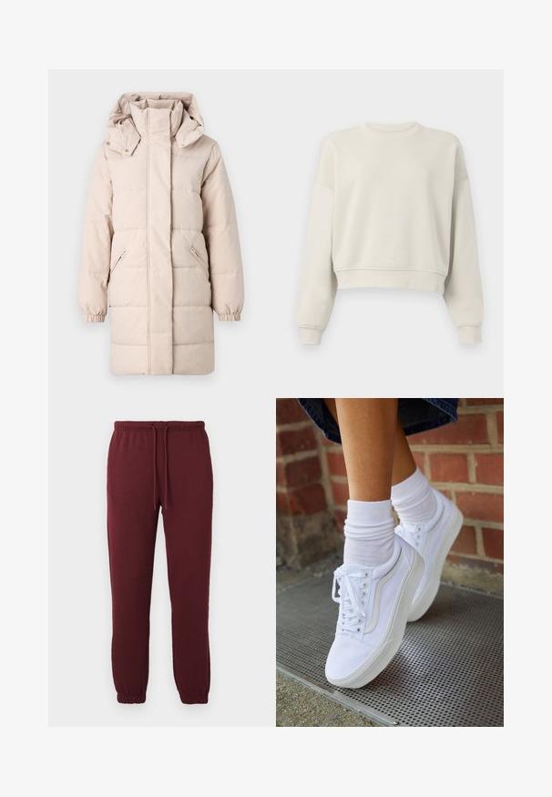 Beige pufferjakke med høj krave og aftagelig hætte. Har sidelommer med lynlås og elastiske manchetter. Glat tekstur, quiltet design.; Lys beige cropped sweatshirt med lange ærmer, ribbet krave og manchetter, blød stofstruktur, minimalistisk design, ingen synlige mønstre eller accenter.; Bordeaux joggingbukser med elastisk talje, snor, sidelommer og elastiske manchetter mod en ensfarvet hvid baggrund.; Hvide lærreds sneakers med gummisåler, der har seks snørehuller, rund tå og let sømdetaljer, krydret med hvide ankelstrømper.