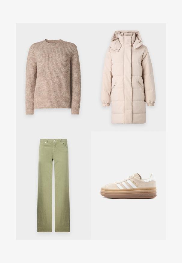 Beige puhvjakker kõrge kraega ja eemaldatava kapuutsiga. Omab külgsete tõmblukkude taskuid ja elastseid mansette. Sile tekstuur, tikandiga disain.; Beige kudumi, millel on tekstureeritud, soonikkoes disain, ümmargune kaelus ja pikad varrukad. Kangas tundub pehme ja mugav.; Rohelised puuvillased püksid sirge säärega, millel on ees taskud, nööpkinnitus ja puhas, tekstuuriga kangas.; Beežid seemisnahast tennised valgete nahkaktsentidega, millel on kolm valget triipu, kuldne logo ja paks, läbipaistev kummist tall.