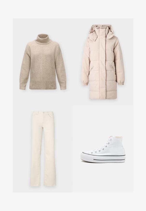 Béžová puff ok jacket s vysokým golierom a odnímateľnou kapucňou. Obsahuje bočné zipsové vrecká a elastické manžety. Hladký povrch, prešívaný dizajn.; Béžový vlnený rolákový sveter s dlhými rukávmi, rebrovanými manžetami a lemom a stredovým švom vedúcim vertikálne spre prednú stranu.; Krémové rozšírené nohavice vyrobené z bavlneného zmesi, s tradičnými vreckami, predným zapínaním na gombík a švíkovými detailmi pozdĺž švov.; Biele vysoké tenisky z plátnovej látky, čierna gumová podrážka a kontrastný čierny pruh na strednej podrážke. Okrúhla špička a zaväzovací dizajn.