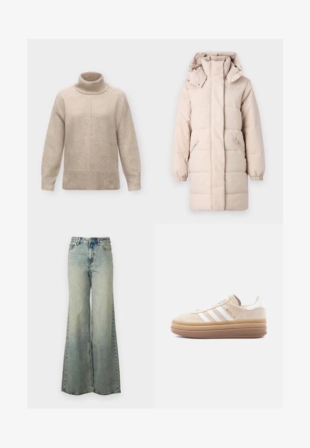 Beige Daunenjacke mit hohem Kragen und abnehmbarem Kapuzen. Verfügt über seitliche Reißverschlusstaschen und elastische Bündchen. Glatte Textur, gestepptes Design.; Beigefarbener Woll-Rollkragenpullover mit langen Ärmeln, gerippten Bündchen und Saum sowie einer zentralen Naht, die vertikal vorne verläuft.; Helles blauweite Jeans im Denim-Stil mit hoher Taille, ausgewaschenem Finish und seitlichen Taschen mit sichtbaren Nähten.; Beige Wildleder-Sneaker mit weißen Lederakzenten, versehen mit drei weißen Streifen, einem goldenen Logo und einer dicken, durchsichtigen Gummisohle.