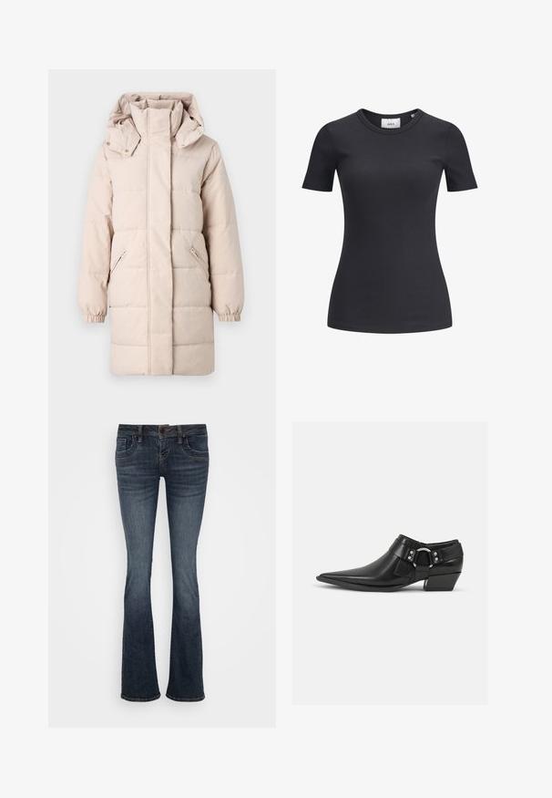 Beige Daunenjacke mit hohem Kragen und abnehmbarem Kapuzen. Verfügt über seitliche Reißverschlusstaschen und elastische Bündchen. Glatte Textur, gestepptes Design.; Schwarzes, geripptes T-Shirt mit kurzen Ärmeln und Rundhalsausschnitt. Hergestellt aus einem weichen, dehnbaren Stoff, der eine subtile Textur und eine taillierte Silhouette aufweist.; Dunkelblaue ausgestellte Jeans mit mittelhohem Bund, fünf Taschen und subtilen Stichakzenten. Hergestellt aus Denim mit glatter Textur.; Schwarze Leder-Ankle-Boots mit spitzem Zeh, ausgestattet mit einem vorderen Leder-Riemen und einem silbernen Schnallendetail sowie einem niedrigen Blockabsatz.