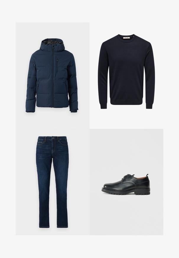 Marineblå polstret jakke med hætte, lynlås foran, lynlås på brystlommen og to lynlåslommer i siderne, designet til koldt vejr.; Mørkeblå langærmet crewneck sweater med ribstrikkede manchetter, kant og halsudskæring, med mærket "Only & Sons" inde i kraven.; Mørkeblå denimjeans med slim fit, standard fem lomme-design og lukning med knap og lynlås. Glat tekstur med minimal falming.; Sorte læder derby-sko med en glat overflade, rund tå, snøre-design og en tyk, robust gummisål.