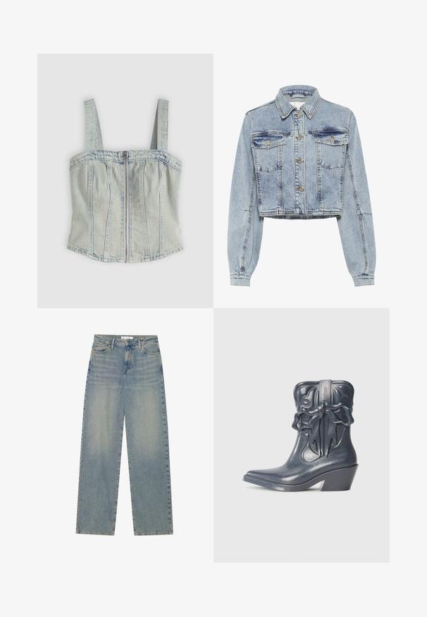 Lyseblå denim cropped jakke med lange ærmer, knaplukning foran, to brystlommer og kontraststing detaljer.; Lyseblå denim korsett-top med brede stropper, lynlåslukning foran, lodrette sømdetaljer og en lige kant.; Lyseblå højtaljede lige ben jeans i denim med forlommer, bæltestropper og synlig knap- og lynlåslukning.; Grå, blank ankelstøvle med spids tå, dekorativ sløjfedetail og buet blokhæl; har tekstureret design på overdelen.