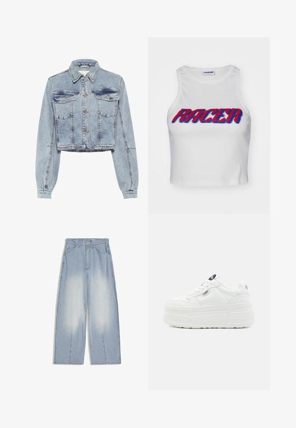 Veste cropped en denim bleu clair avec manches longues, fermeture à boutons sur le devant, deux poches poitrine et détails de couture contrastés.; Débardeur court blanc côtelé avec le mot "RACER" en lettres épaisses rouges et bleues sur le devant.; Pantalon à jambes larges à rayures verticales bleu clair et blanc avec poches avant et fermeture à boutons.; Baskets plateforme blanches avec un extérieur synthétique lisse, un bout arrondi, un col rembourré et une semelle texturée. Présente une étiquette logo contrastante.