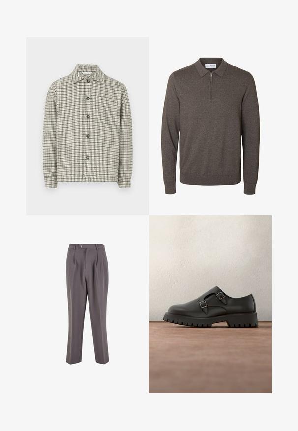 Camisa de manga larga con botones, de patrón jaquard en gris y blanco, y un bolsillo en el pecho, sobre un fondo neutro.; Jersey marrón de punto para hombre, de manga larga, con cuello y cremallera corta en el cuello, puños y bajo acanalados, etiquetado Selected Homme.; Pantalones grises con plisados, fabricados en un tejido suave, que presentan un diseño de pierna recta, un cierre de un solo botón y bolsillos laterales inclinados.; Zapato negro de cuero con correas de doble hebilla, punta redonda y suela gruesa de goma texturizada. Diseño minimalista con interior azul en contraste.