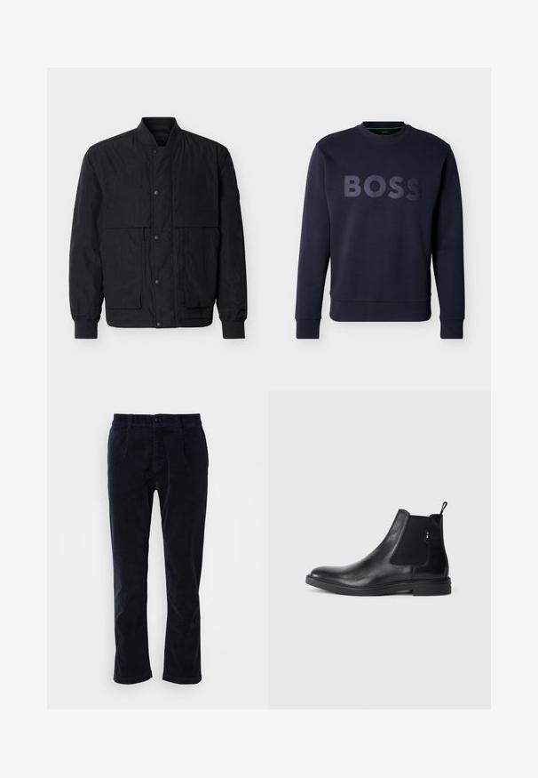 Zwarte bomberjack met drukknoopsluiting aan de voorkant, geribbelde manchetten en kraag, en twee klepzakken op de borst tegen een effen achtergrond.; Donkerblauwe sweatshirt met lange mouwen, geribbelde manchetten en zoom, met verhoogde "BOSS"-letters over de borst.; Marineblauwe corduroy broeken met een platte voorkant, twee zijzakken en een enkele knoopsluiting. Zacht van textuur, licht toelopende pijpen.; Zwarte leren Chelsea-boots met elastische zijpanelen, een treklipje en een vlakke rubberen zool. Gladde textuur met minimale details.