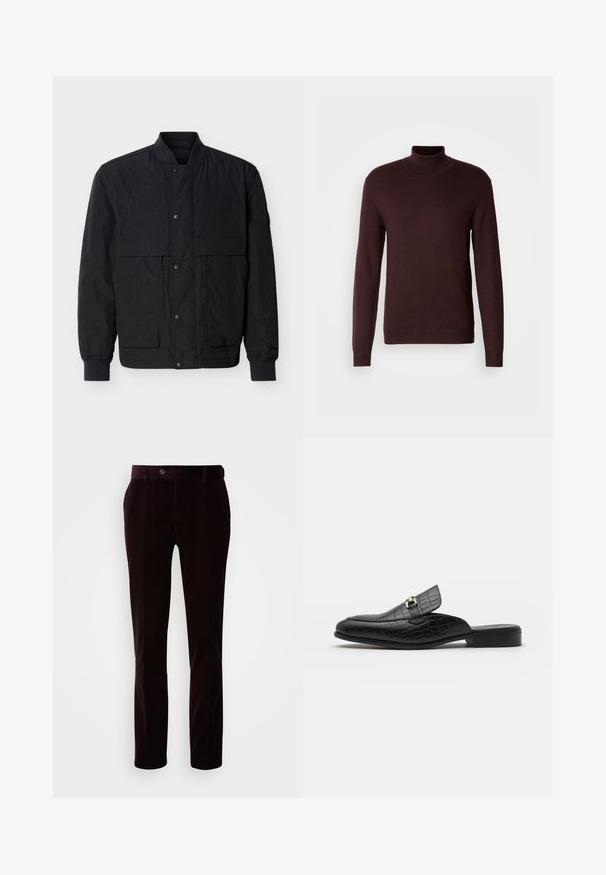 Veste bomber noire avec fermeture à boutons-pression sur le devant, poignets et col côtelés, et deux poches à rabat sur la poitrine, sur un fond uni.; Pull à col roulé bordeaux en tissu tricoté doux, avec des manches longues, un corps ajusté et des poignets et un ourlet côtelés. Texture lisse, design minimal.; Pantalons en velours côtelé de couleur marron foncé, présentant une coupe ajustée, des côtes verticales subtiles, une fermeture à bouton et des poches standard de chaque côté.; Chaussures slip-on en cuir noir gaufré crocodile avec un talon plat et une boucle en métal décorative sur la sangle. Texture lisse et design élégant.