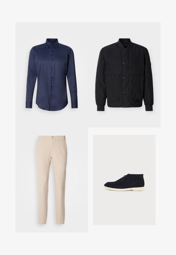 Schwarze Bomberjacke mit Druckknopfleiste, gerippten Bündchen und Kragen sowie zwei Klappentaschen auf der Brust vor einfarbigem Hintergrund.; Marineblaues langärmliges Herrenhemd mit spitzem Kragen und vorderem Knopfverschluss, auf einem einfarbigen weißen Hintergrund präsentiert.; Beige Hose aus weichem Stoff, mit Knopfverschluss, geradem Schnitt und seitlichen Taschen. Glatte Textur mit minimalen Nähdetails.; Dunkelblauer Wildleder-Schnürschuh mit Mokassin-Naht und weißer Gummisohle, im Profil auf weißem Hintergrund gezeigt.