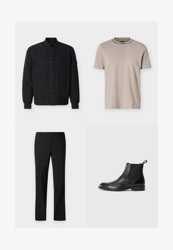 Sort bomberjakke med frontlukning med trykknapper, ribstrikkede manchetter og krave samt to lommer med klap på brystet mod en ensfarvet baggrund.; Beige T-shirt med korte ærmer og rund hals, ribstrikket halskant med sorte og grønne striber samt "BOSS"-logo inde i kraven.; Sorte skræddersyede bukser med lige ben, der har en glat overflade, plissee foran og en klassisk talje for et formelt udseende.; Sorte læder ankelstøvler med elastiske sidepaneler, rund tå og en trækloft. Glat tekstur, flad sål, minimalistisk design.