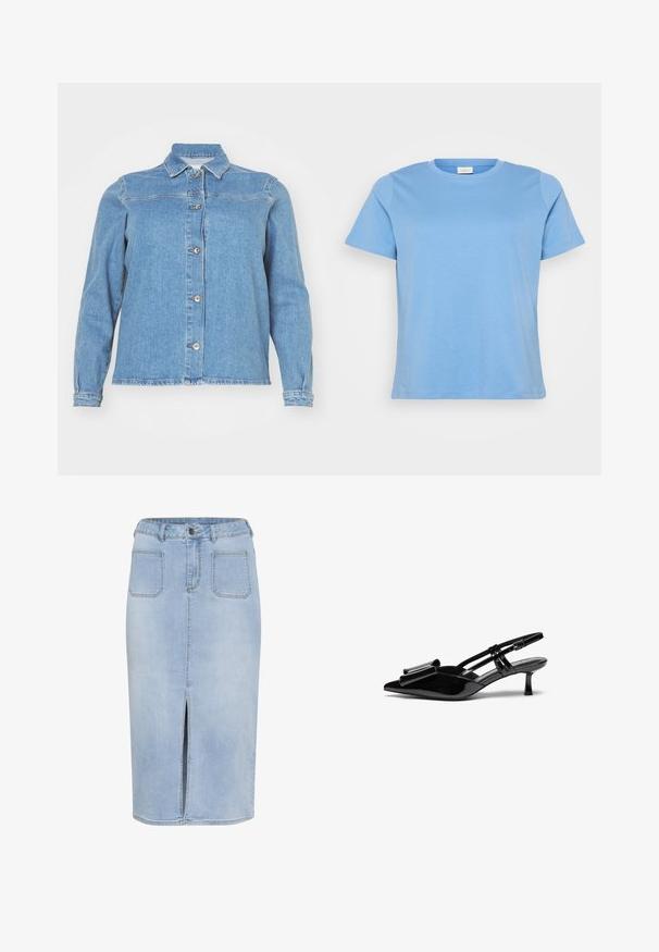 Lyseblå denimjakke med krave, lange ærmer, frontlukning med knapper og to brystlommer. Har en let slidt kant.; Lyseblå kortærmet t-shirt lavet af glat bomuldsstof, med en klassisk rund halsudskæring og en afslappet pasform.; Lys blå denim midi-nederdel med en forkortet slids, fem lommer og en tætsiddende talje med bæltestropper og knaplukning.; Sorte patenterede læderslingbacks med spids tå, en sløjfedetalje foran og en lille stilettohæle. Remmene har justerbare spænder.