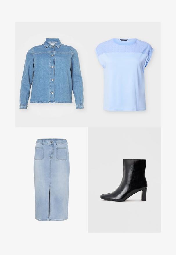 Lyseblå denimjakke med krave, lange ærmer, frontlukning med knapper og to brystlommer. Har en let slidt kant.; Lyseblå kortærmet top med blonder i blomsterdesign på øvre bryst og skuldre, rund halsudskæring og løs pasform.; Lys blå denim midi-nederdel med en forkortet slids, fem lommer og en tætsiddende talje med bæltestropper og knaplukning.; Sorte ankelstøvler lavet af blank læder, med spidse tæer og en mellemstor blokhæl, med en glat tekstur og et enkelt design.