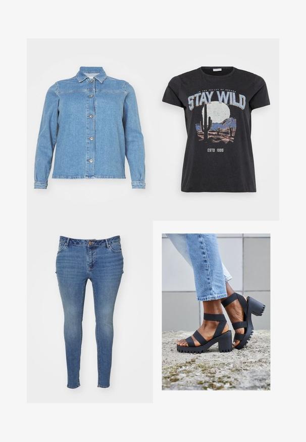 Lichtblauwe denimjack met een kraag, lange mouwen, een sluiting met knopen aan de voorkant en twee borstzakken. Heeft een licht verouderde zoom.; Zwarte katoenen t-shirt met een grafische print van een woestijnlandschap met cactussen, een maan en de tekst "STAY WILD" in blauwe letters.; Dunne blauwe spijkerbroek van denim met een vervaagde afwerking. Beschikt over een vijf-pocket ontwerp en een knoopsluiting bij de taille.; Zwarte platform sandaal met dikke banden en een gekarteld zool. Heeft een chunky hak, open teen ontwerp en een gladde, matte textuur.