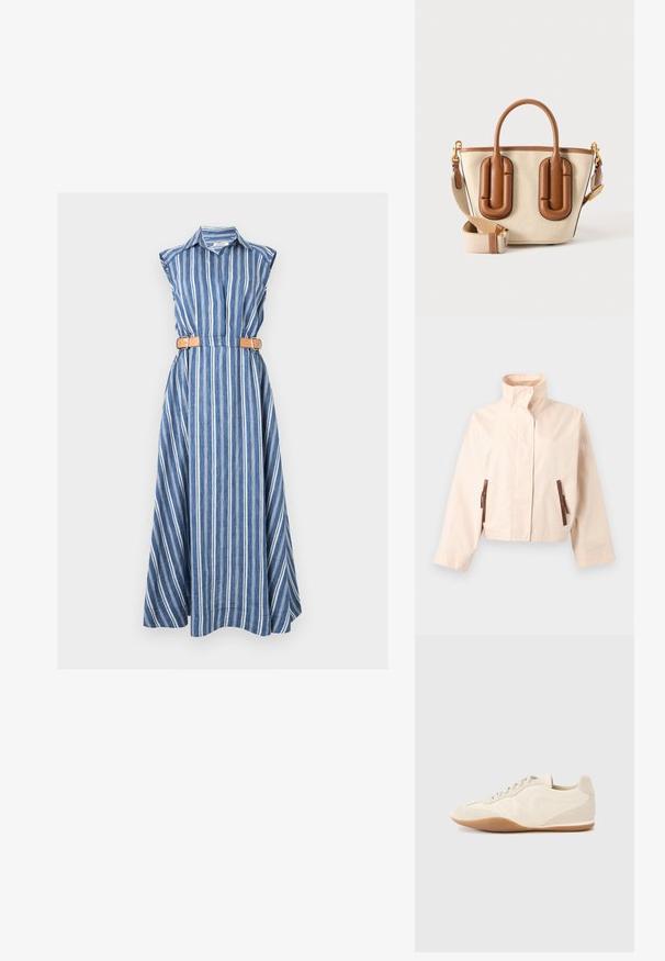 Veste courte beige avec col montant, manches longues, boutons-pression à l'avant et deux poches verticales marron zippées.; Robe longue bleue sans manches avec des rayures verticales blanches, col chemise et ceinture marron à double boucle à la taille.; Baskets beige clair avec une tige en cuir texturé, des panneaux latéraux texturés et une semelle en caoutchouc. Dotées d'un design fin et épuré ainsi que de lacets plats.; Sac à main en toile beige avec poignées et détails en cuir marron, doté d'une bandoulière amovible en tissu beige avec ferrures dorées.