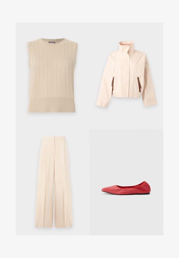 Veste courte beige avec col montant, manches longues, boutons-pression à l'avant et deux poches verticales marron zippées.; Pull beige sans manches en maille avec un motif côtelé vertical et un ourlet large, comprenant un col rond.; Pantalon taille haute à jambes larges en tissu beige clair avec plis devant et ceinture avec passants.; Filippa K REY FLATS - Ballerines - bright red