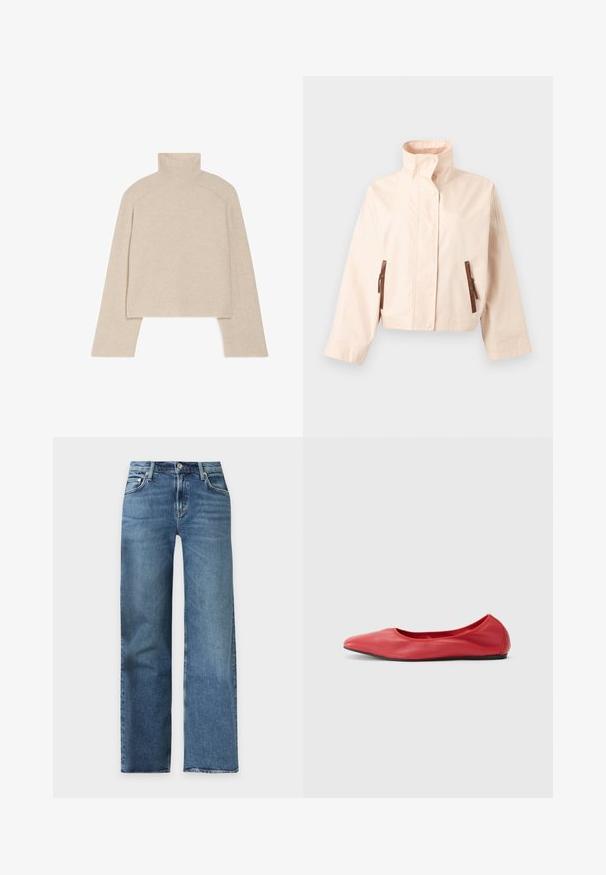 Beige cropped jasje met hoge opstaande kraag, lange mouwen, vooraan drukknopen en twee verticale bruine ritszakken.; Beige geribbelde coltrui met lange mouwen en een slimfit ontwerp, voorzien van een hoge kraag en een gestructureerd breipatroon.; Blauwe jeans met wijde pijpen, voor met knoop- en ritssluiting, ceintuurlussen en voorzakken, afgebeeld op een effen achtergrond.; Filippa K REY FLATS - Ballerina's - bright red