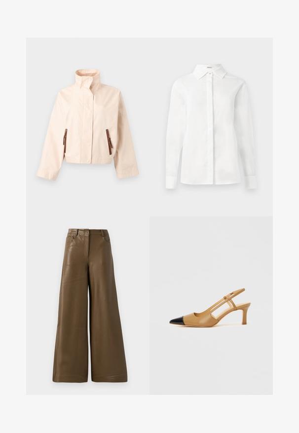Beige cropped jakke med høj ståkrave, lange ærmer, forreste trykknapper og to lodrette brune lynlåslommer.; Hvid langærmet skjorte lavet af glat bomuld, med spidse kraver, central knaplukning og lige skæring i kanten med knapne kufferter.; Breddebenede bukser lavet af glat, brun kunstlæder. Har højt talje, fire lommer og en lynlås foran. Flad tekstur og minimalistisk design.; Beige slingback-hæle med sort spids, der har udskårne sider og en mellemhøj blokhæl. Glat lædermateriale.